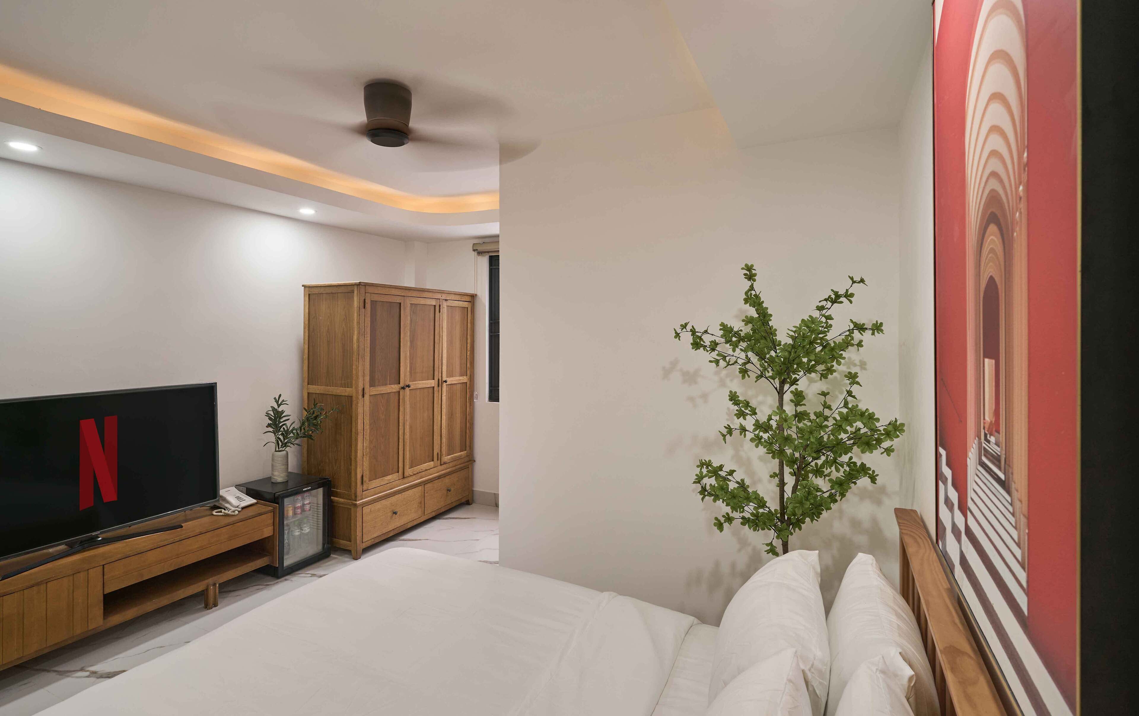 A bedroom with a bed, a TV, a wardrobe, and a plant.