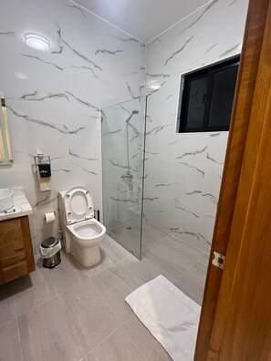 Douche, séchoir à cheveux, serviettes fournies, savon