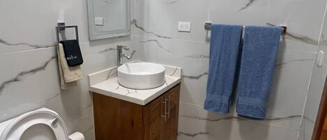 Shower, hair dryer, towels, soap