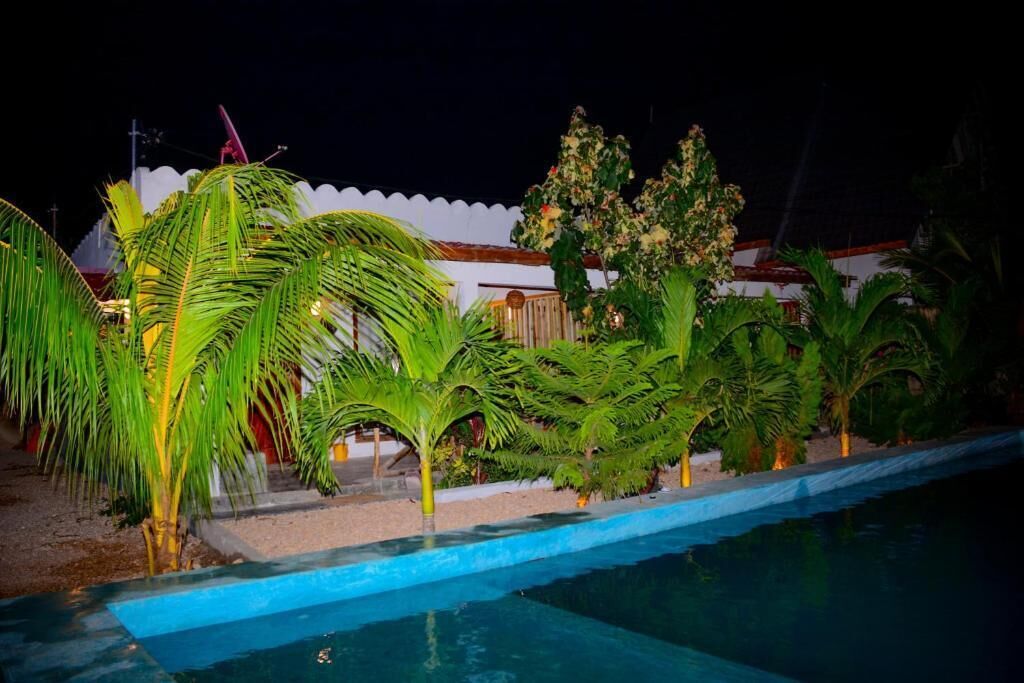 A swimming pool with a white fence and palm trees.