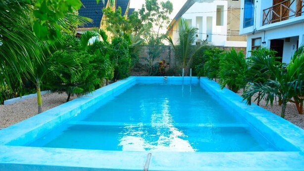 A rectangular swimming pool with a blue interior, surrounded by greenery and a gravel path. - Charming 1-bedroom apartment in enchanting Jambiani with AC (Jambiani)