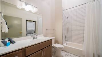 Hair dryer, towels, soap, shampoo