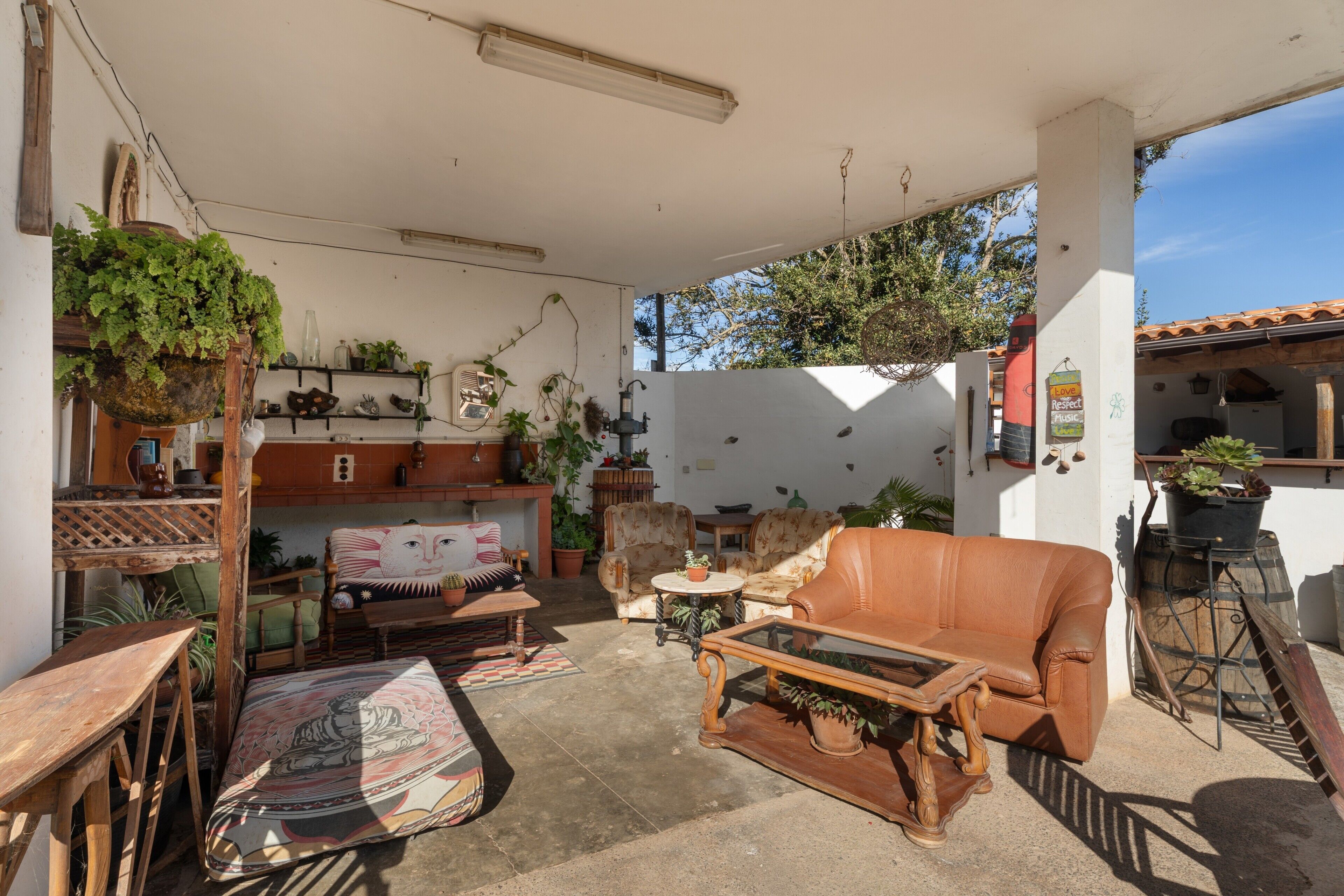 Zona exterior amb un sofà de cuir marró, una taula de centre de fusta i diverses plantes en testos.
