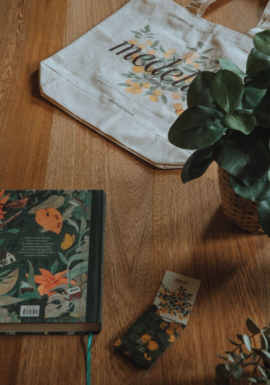 A wooden table with a plant, a tote bag, a notebook, and a card.