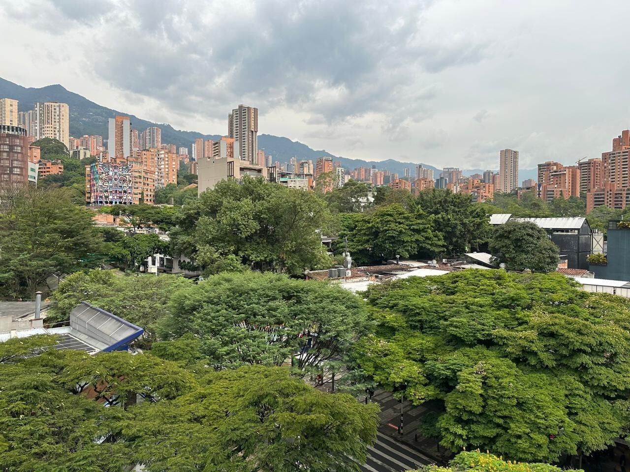 Un paisaje urbano con rascacielos, un parque con árboles y un cielo despejado.