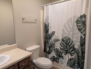 Hair dryer, towels, soap, toilet paper