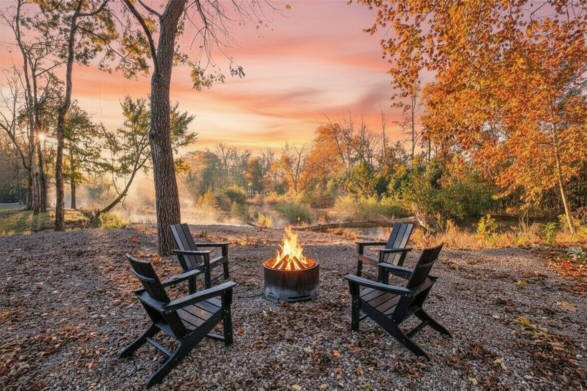 A campfire with two chairs facing it, surrounded by trees and a clear sky.
