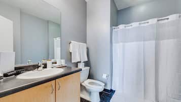 Douche, séchoir à cheveux, serviettes fournies, shampooing