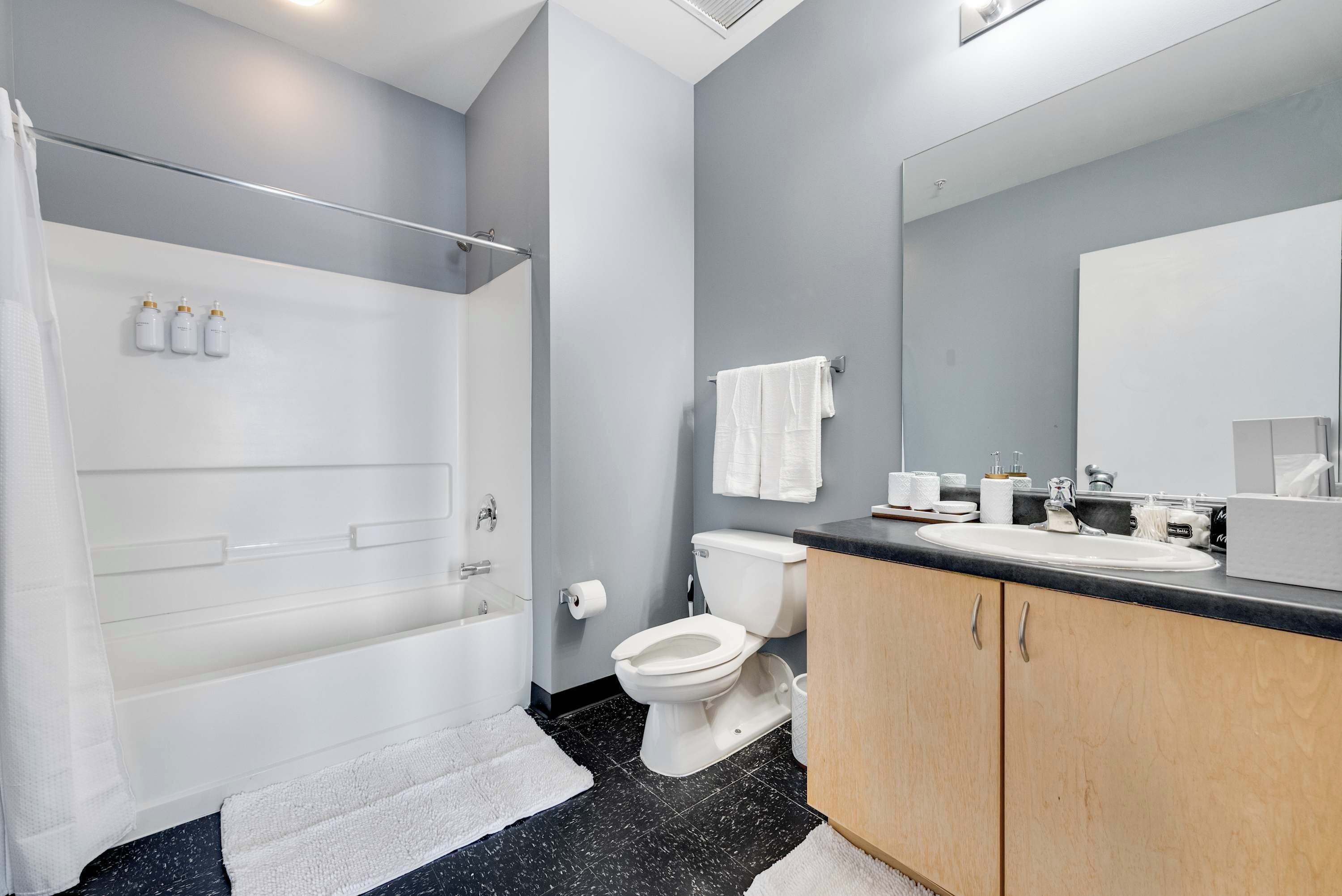 Shower, hair dryer, towels, shampoo