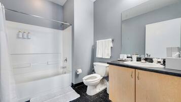 Shower, hair dryer, towels, shampoo