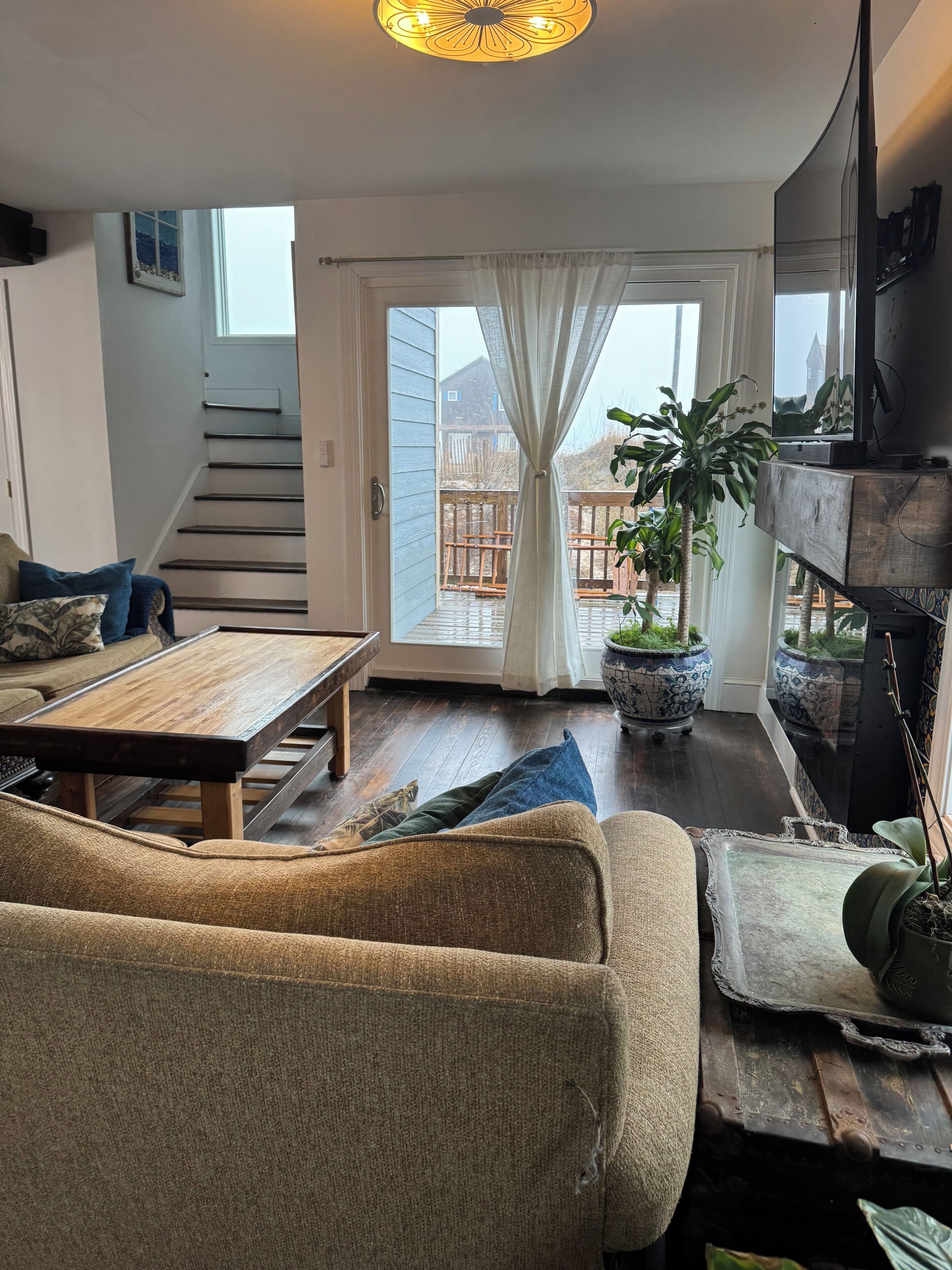 Smart TV, fireplace, books