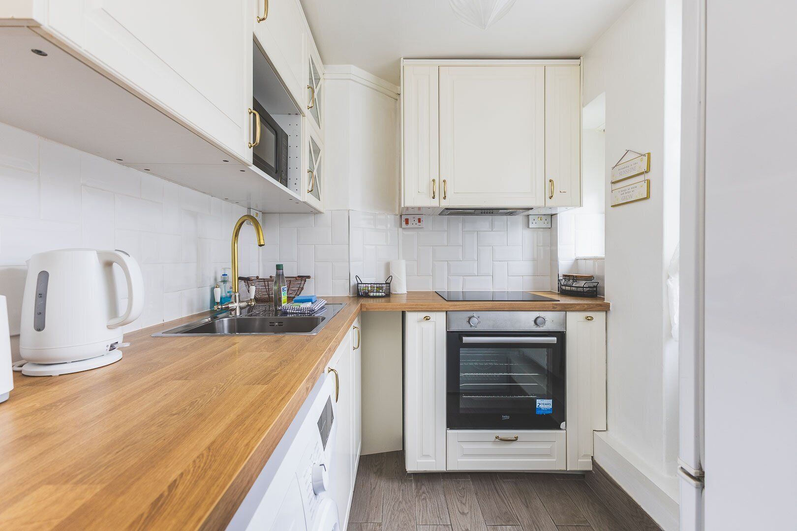 Fridge, microwave, coffee/tea maker, toaster