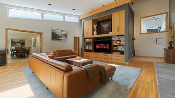 Smart TV, fireplace, ping pong, books