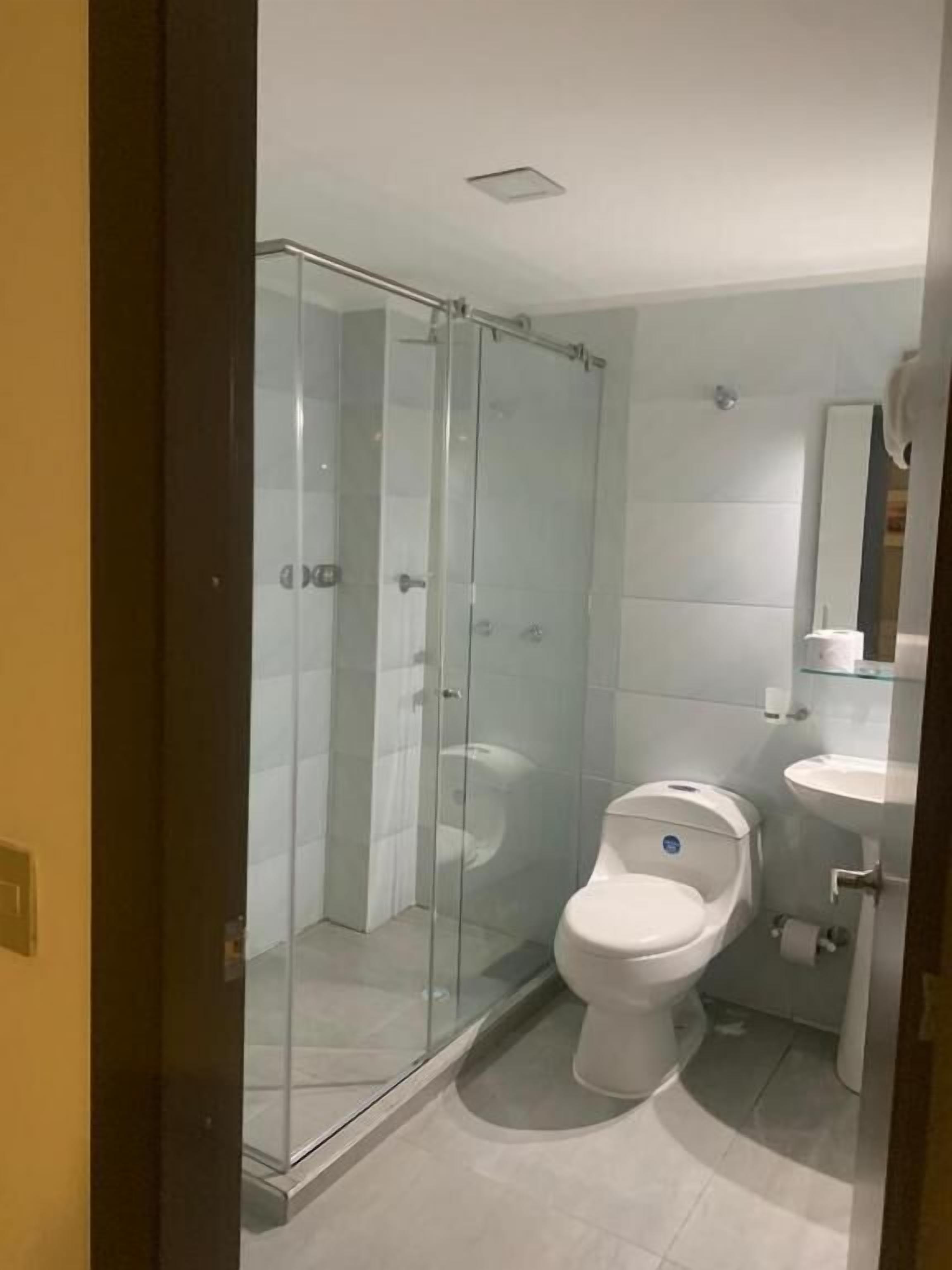 A modern bathroom with a glass-enclosed shower, a toilet, and a sink.