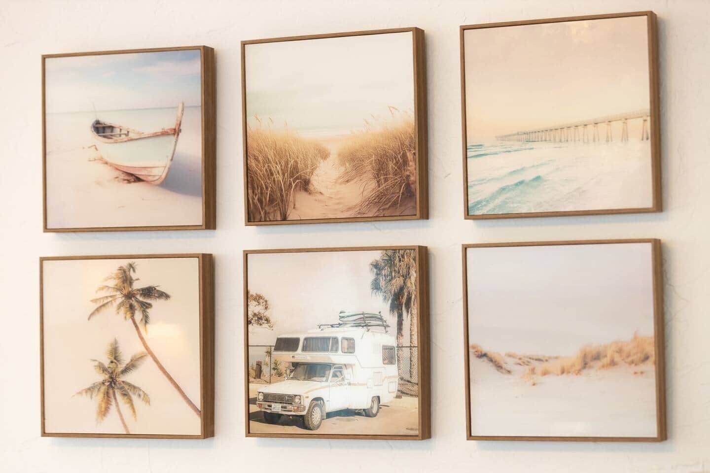 Six framed pictures of beach scenes, including a boat, a beach path, a bridge, palm trees, a vehicle, and a dune.