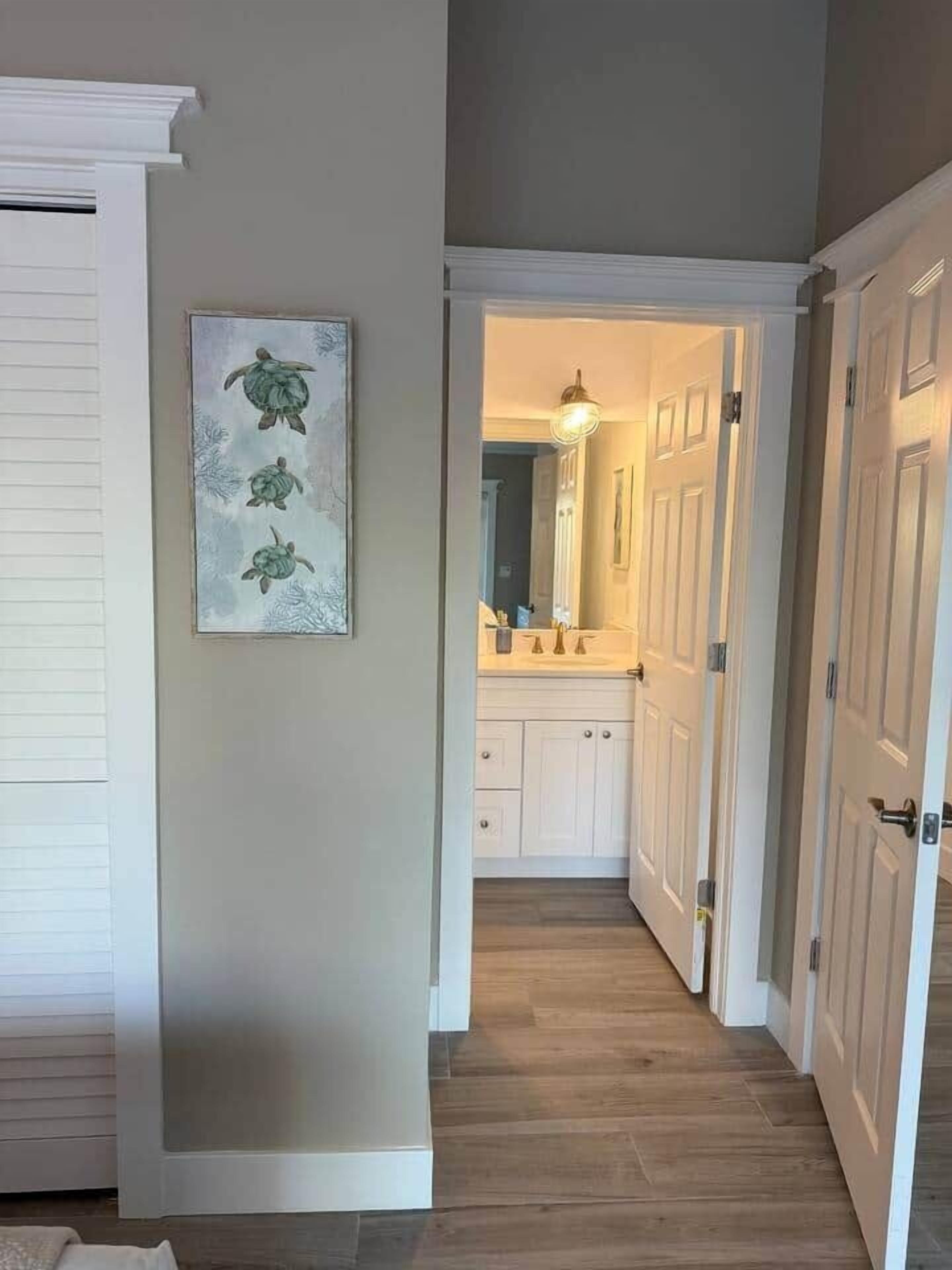 A hallway with a white door, a framed artwork of turtles, and a wooden floor leading to a bathroom with a sink and mirror.