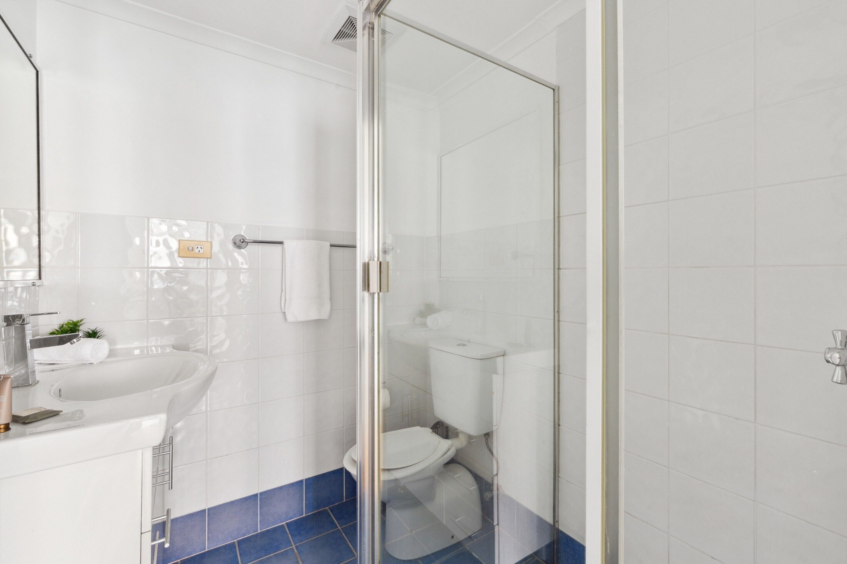 A modern bathroom with a glass shower enclosure, a white sink, and a toilet.