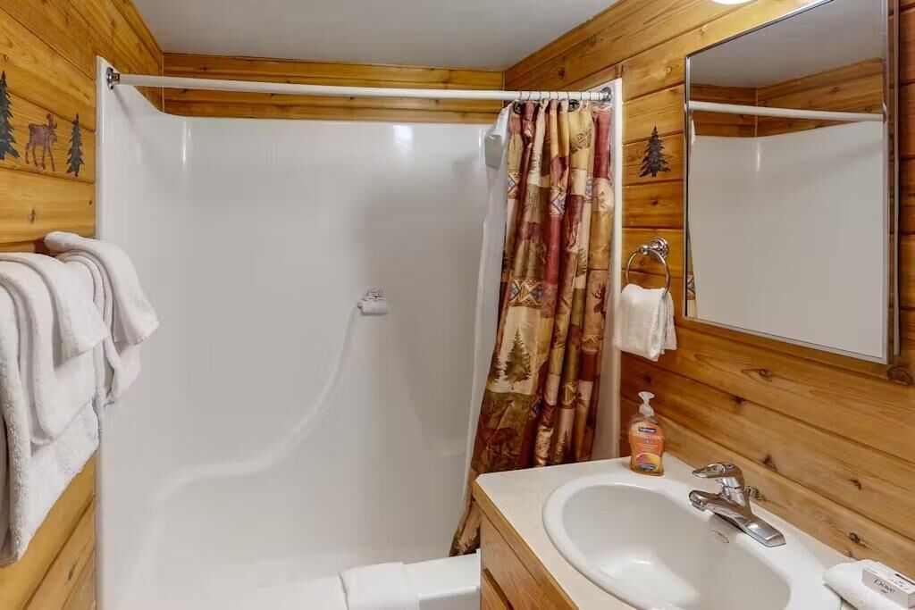 A wooden cabin bathroom with a shower, a sink, and a mirror.
