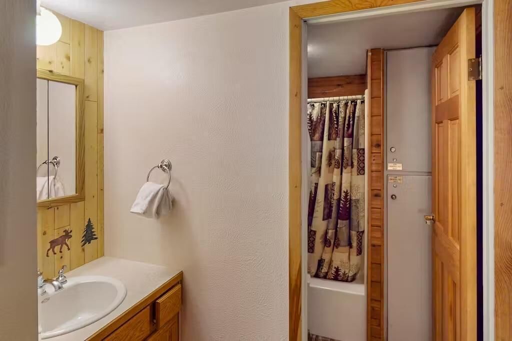 Un baño con tocador de madera, lavamanos y ducha con cortina estampada.