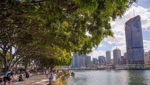 A riverside walkway with trees, a cyclist, and a city skyline in the background.