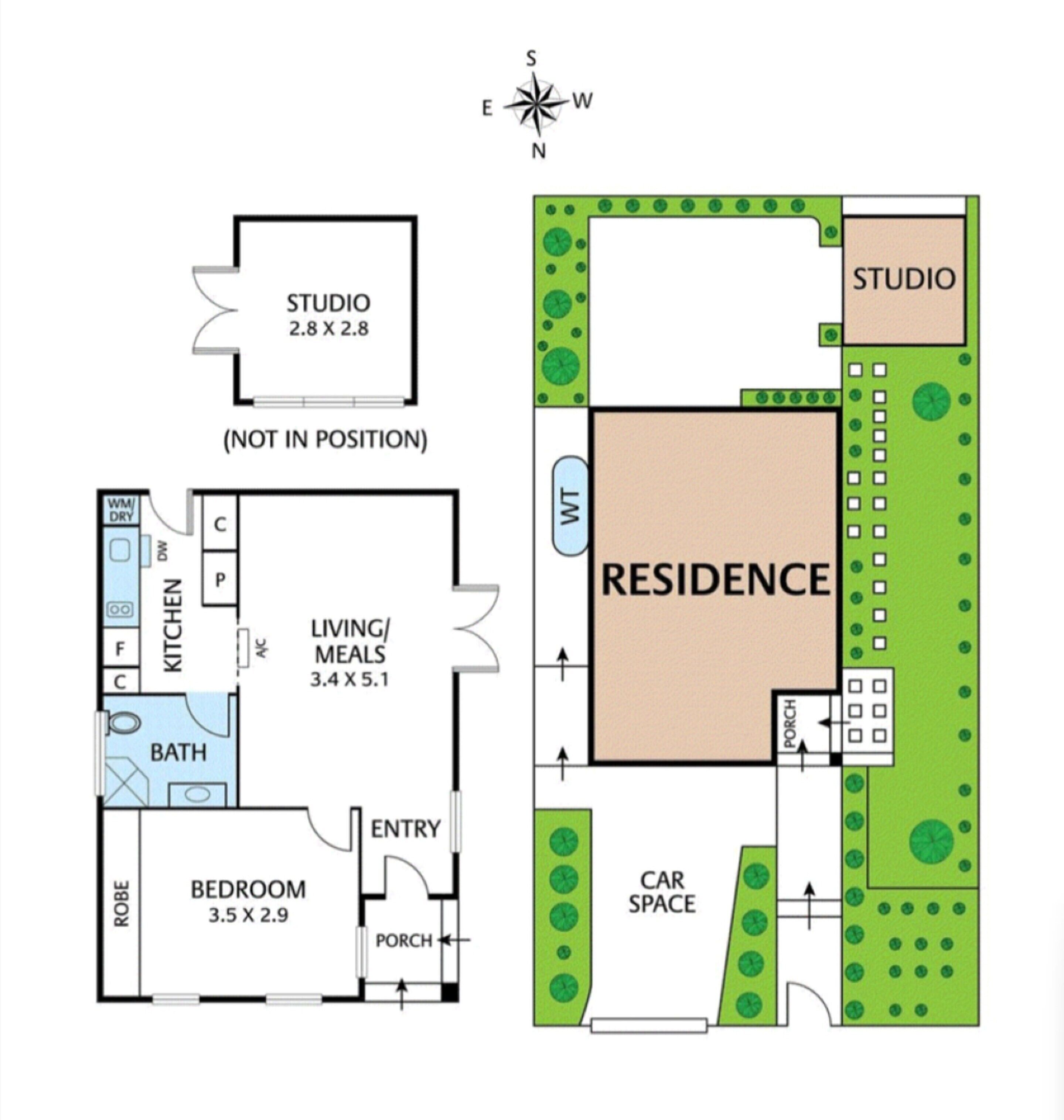 A floor plan with a studio, residence, kitchen, bathroom, bedroom, and car space.