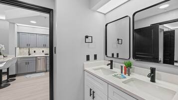 Hair dryer, towels, soap, toilet paper