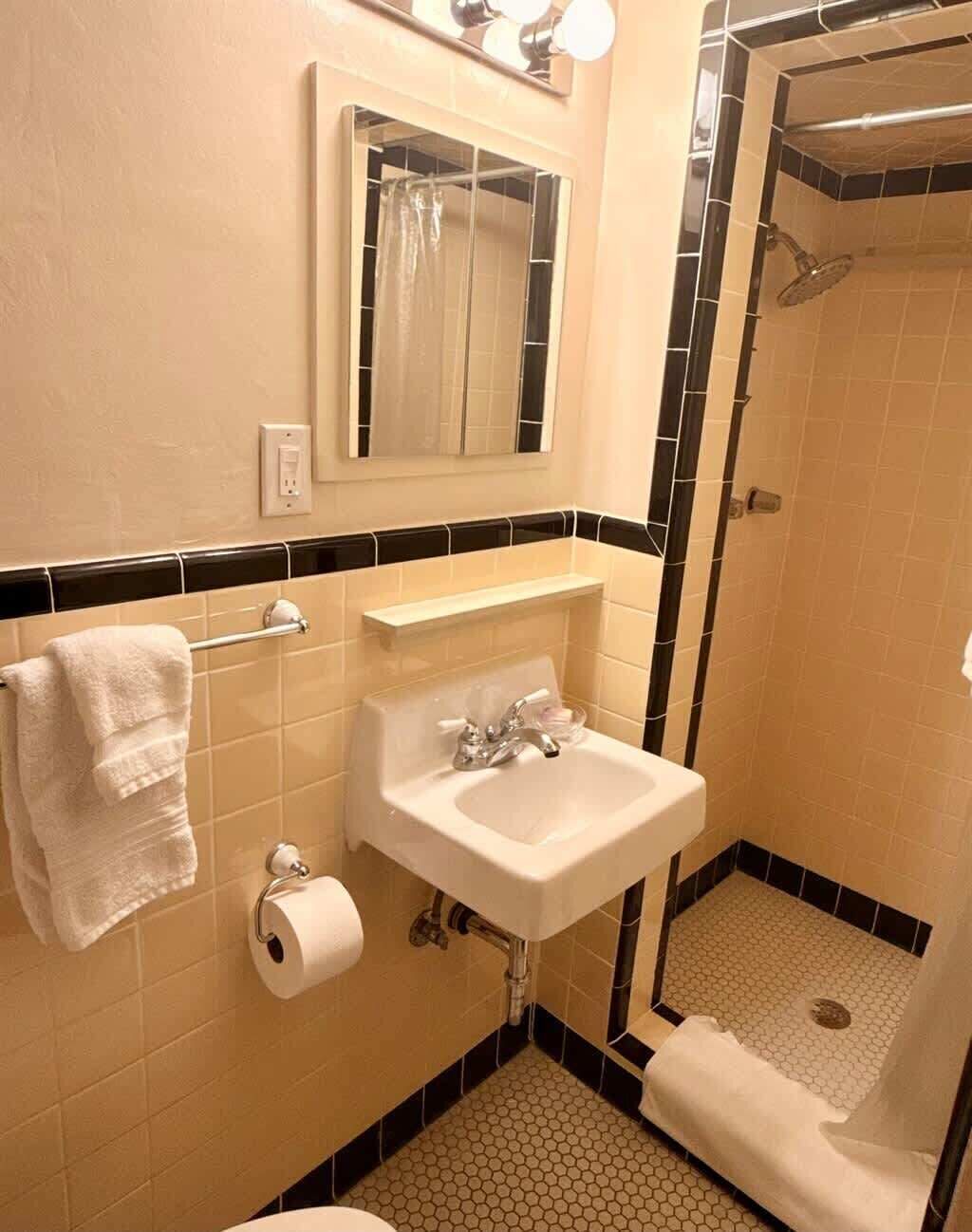 Een badkamer met een wastafel, spiegel, handdoekhouder en toiletpapier.