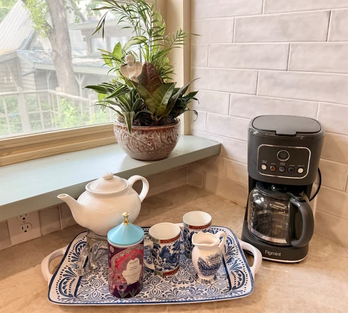 En köksbänk med ett teservis, en kaffebryggare och en krukväxt.