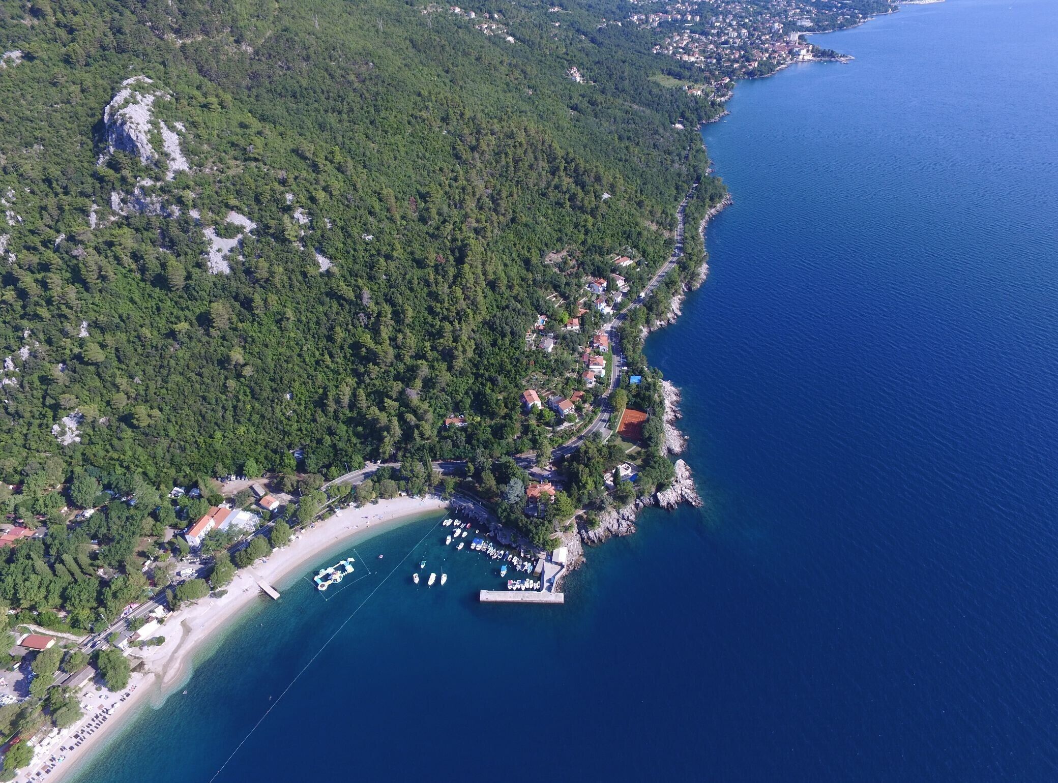 An aerial view of a coastal area with a beach, a marina with boats, and a densely forested hillside.