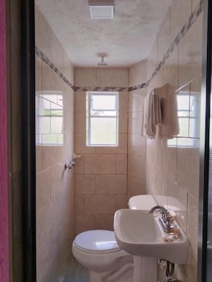 Shower, towels, soap, shampoo