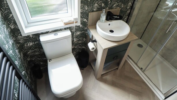 A compact bathroom with a toilet, sink, and shower. - Heather William Lodge (Woodhall Spa)