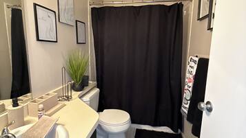 Hair dryer, towels, soap, toilet paper