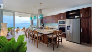 Fridge, stovetop, dishwasher, coffee/tea maker