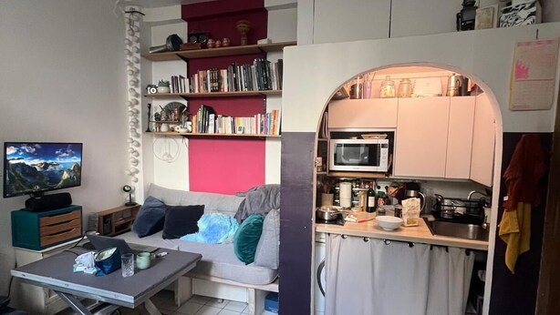 A compact living space with a sofa, a TV, a dining table, a kitchen area with a microwave, and a bookshelf. - Cozy studio (Paris)