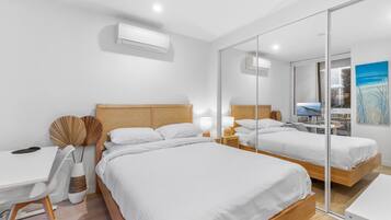 1 bedroom, laptop workspace, iron/ironing board, bed sheets