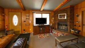 Una sala de estar acogedora con chimenea, paredes de madera, un televisor y un sofá.