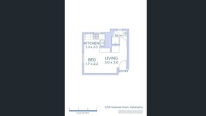 A floor plan of a 2B apartment at 6/54 Hopewell Street, Paddington. It includes a kitchen measuring 2.3 x 2.0 meters, a living room measuring 3.0 x 3.0 meters, a bedroom measuring 1.7 x 2.2 meters, and a bathroom. - Chic Urban Paddington Escape (Sydney)