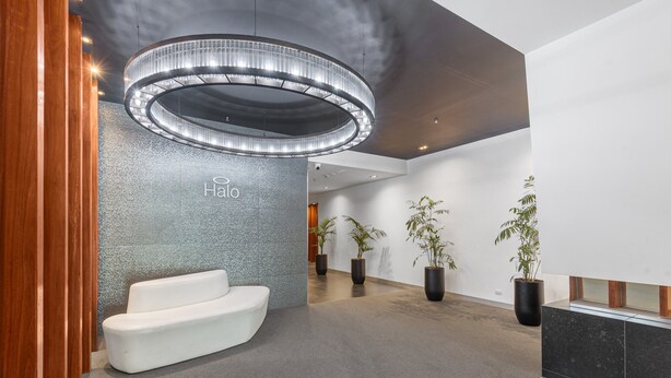 Un espace d’accueil moderne, doté d’un luminaire circulaire, d’un comptoir de réception et de plantes en pot.