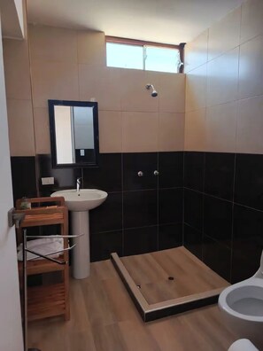 Shower, towels, soap, toilet paper