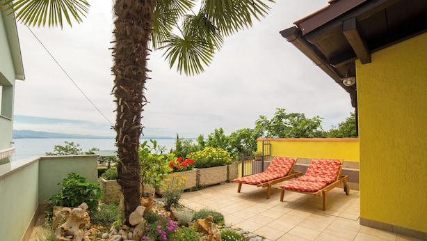 Une terrasse avec vue sur la mer, un palmier et deux chaises longues rouges.