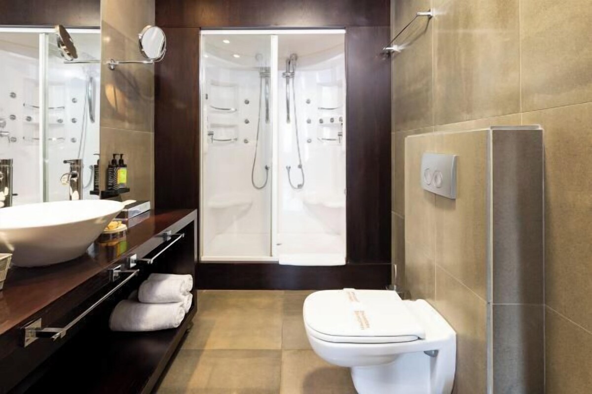 A modern bathroom with a large sink, toilet, and walk-in shower.