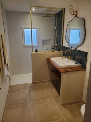 Shower, hair dryer, towels