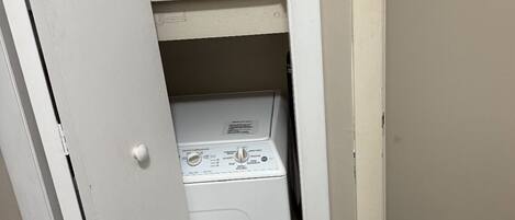 A white door with a small laundry machine inside, a closet with hanging space, and a carpeted floor.