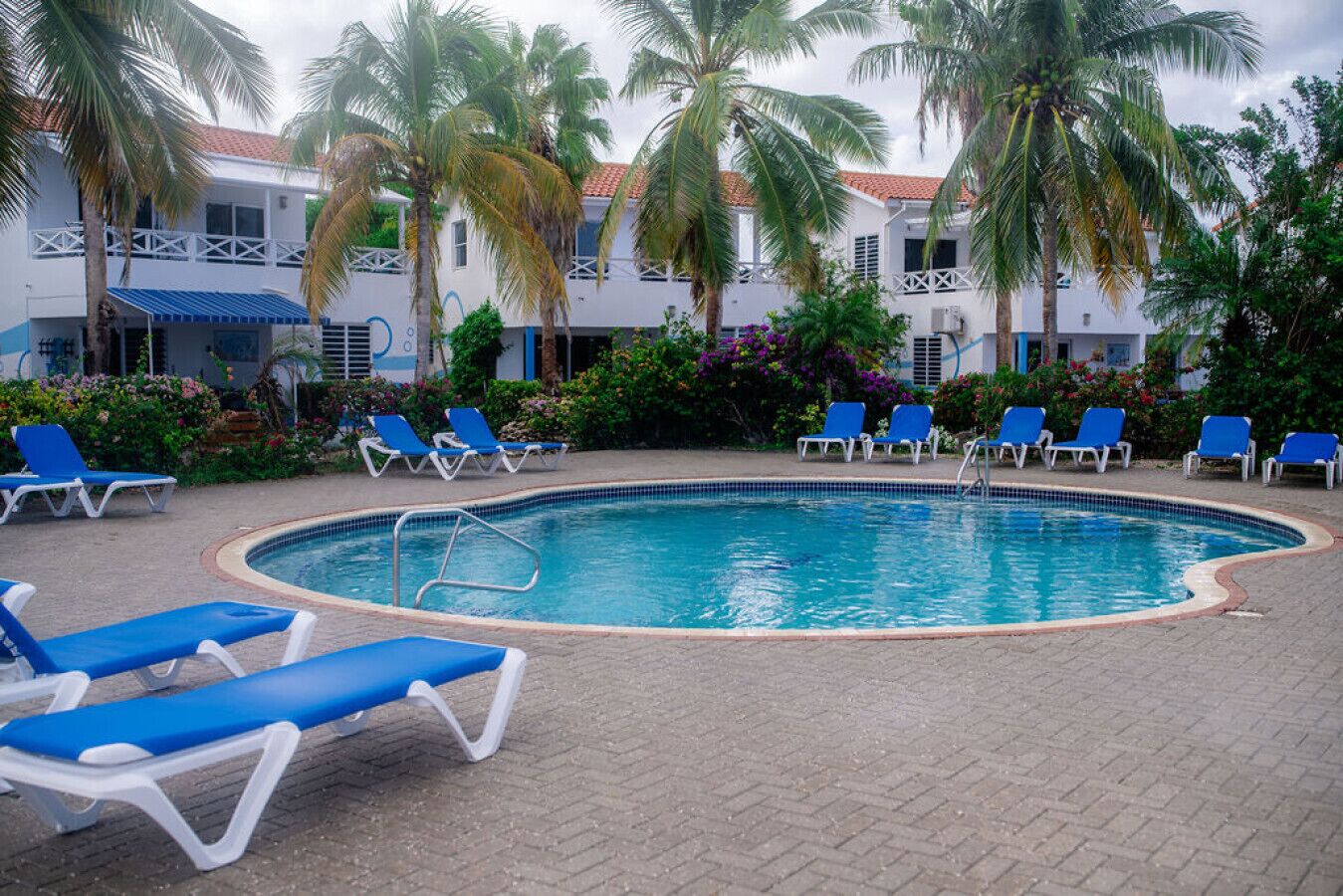 Un área de piscina con sillas reclinables azules y una piscina con azulejos.