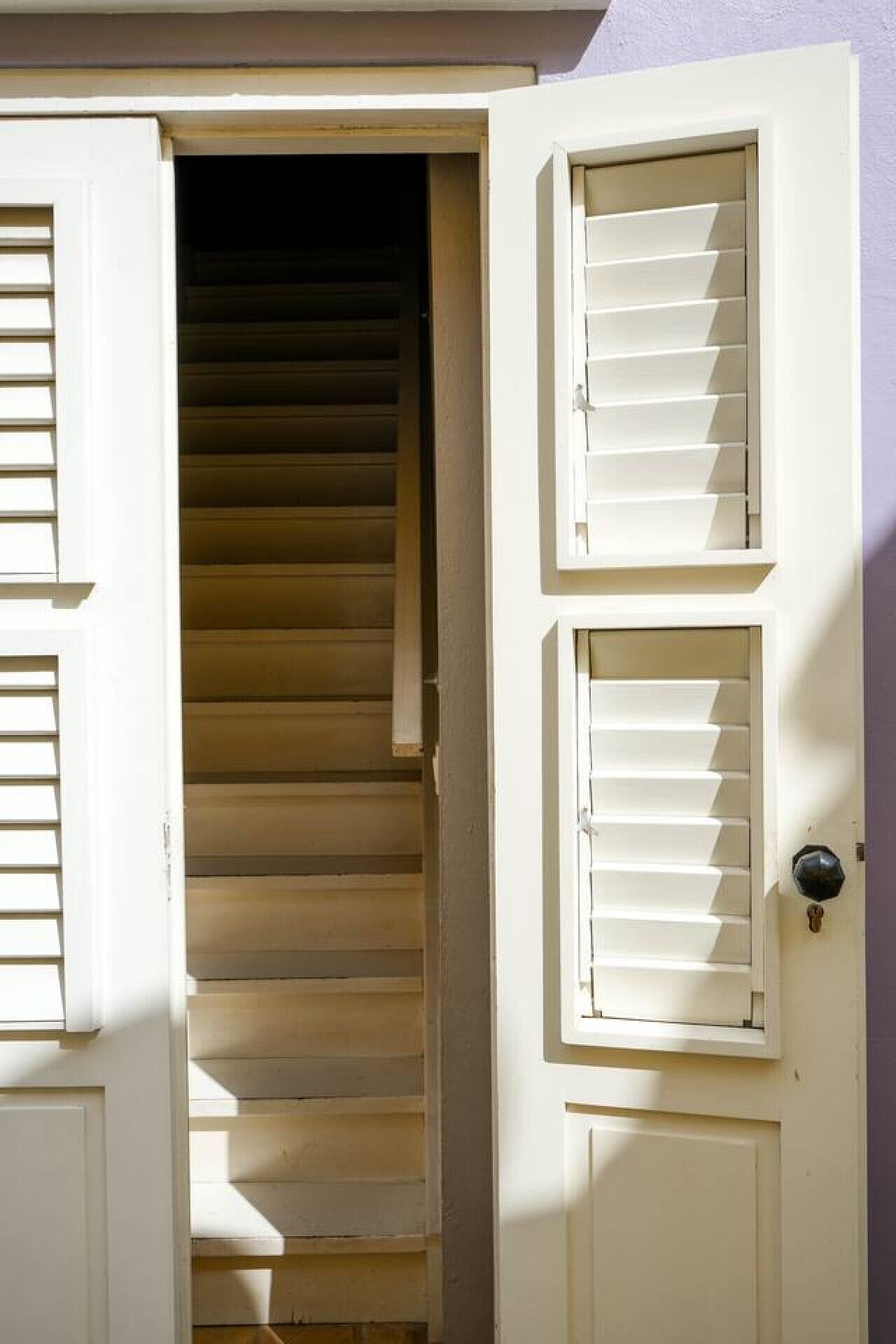 A staircase leading to a landing with a door and window shutters.