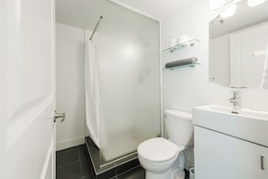 Hair dryer, towels, soap, toilet paper