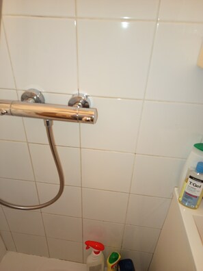 Douche, sèche-cheveux, serviettes fournies, savon