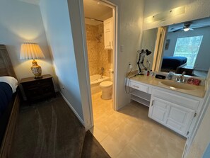 Hair dryer, towels, soap, shampoo
