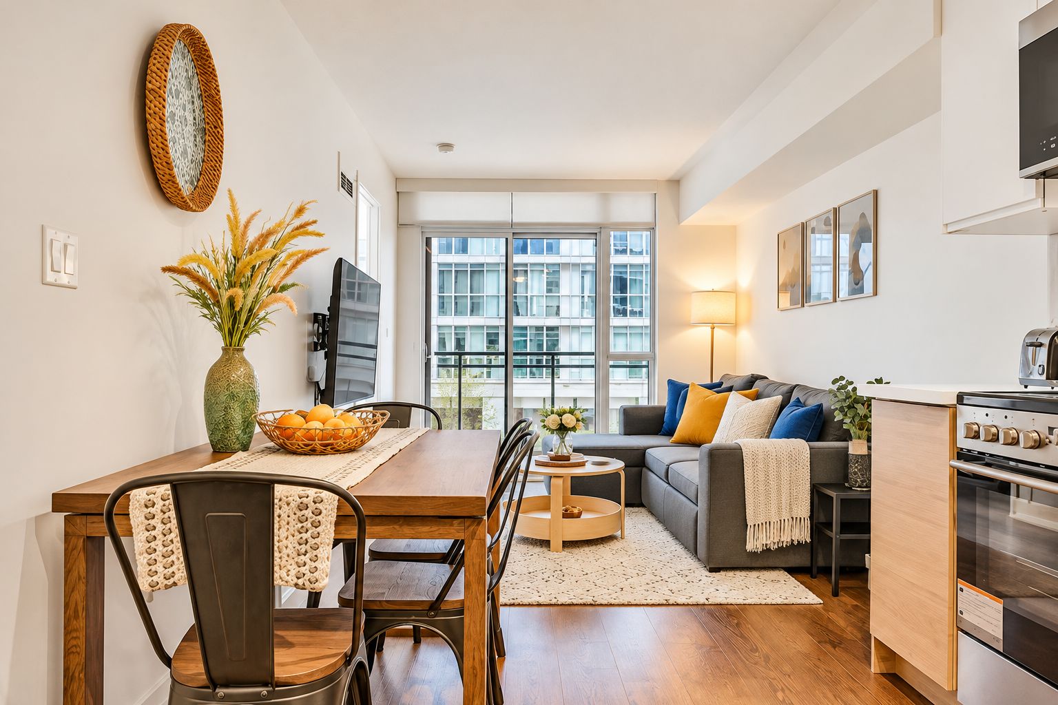 A modern apartment with a dining area, sofa, kitchen, and large windows.