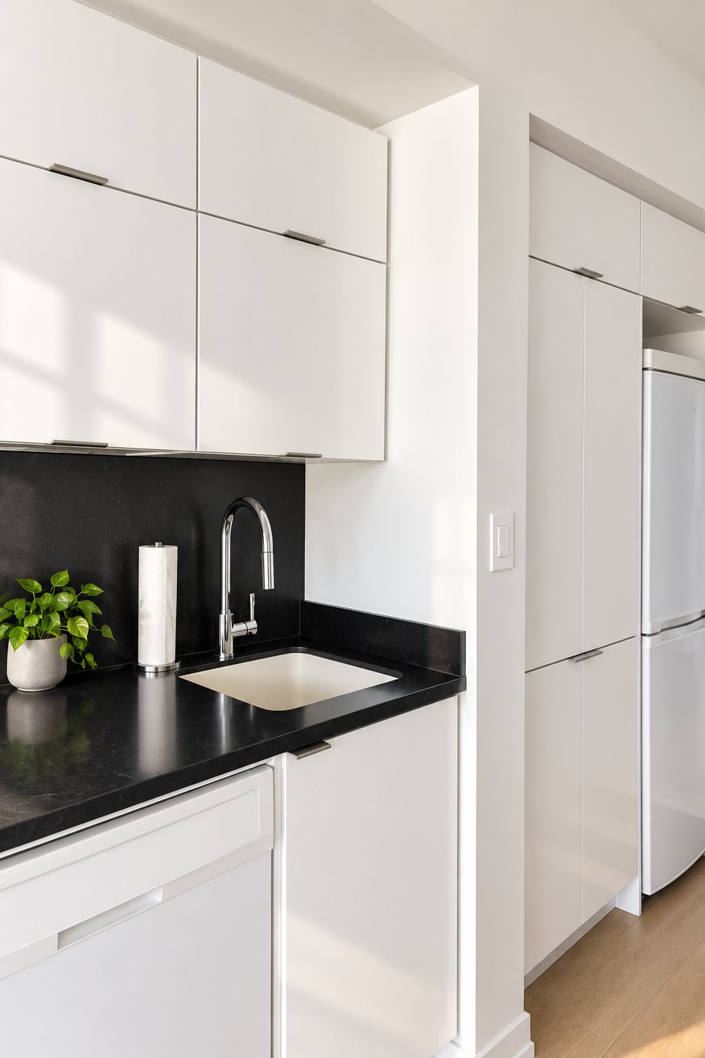 Una cocina moderna con armarios blancos, encimera negra y refrigerador de acero inoxidable.